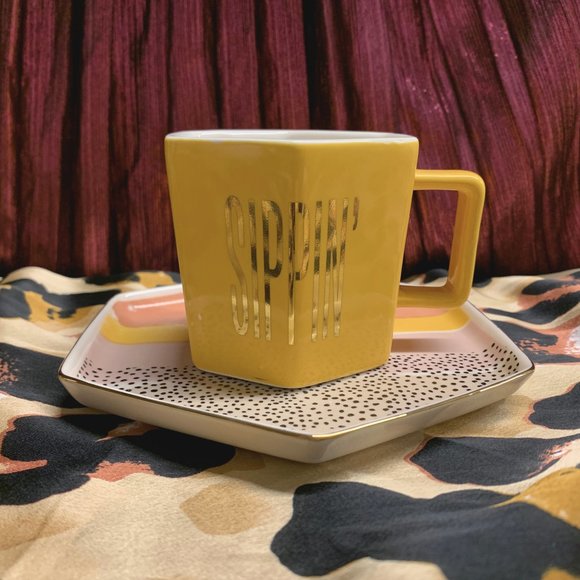 NWT Sippin' Hexagon Mug and Saucer Set in Peach, Black Dot, and Honey - Picture 1 of 6